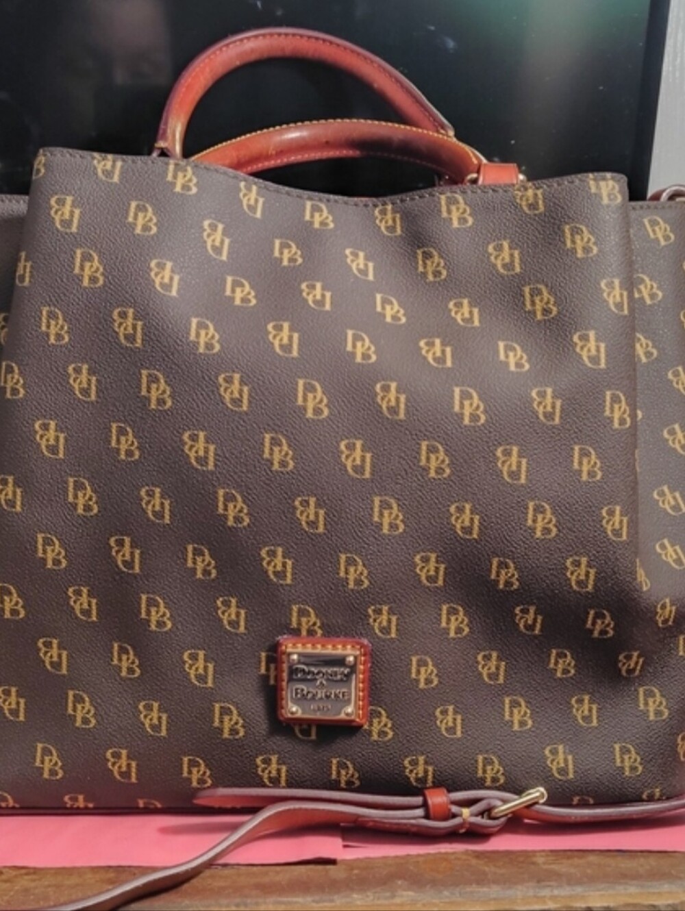 Dooney & Bourke Medium Brenna Brown & Gold Monogram Satchel with Leather Trim